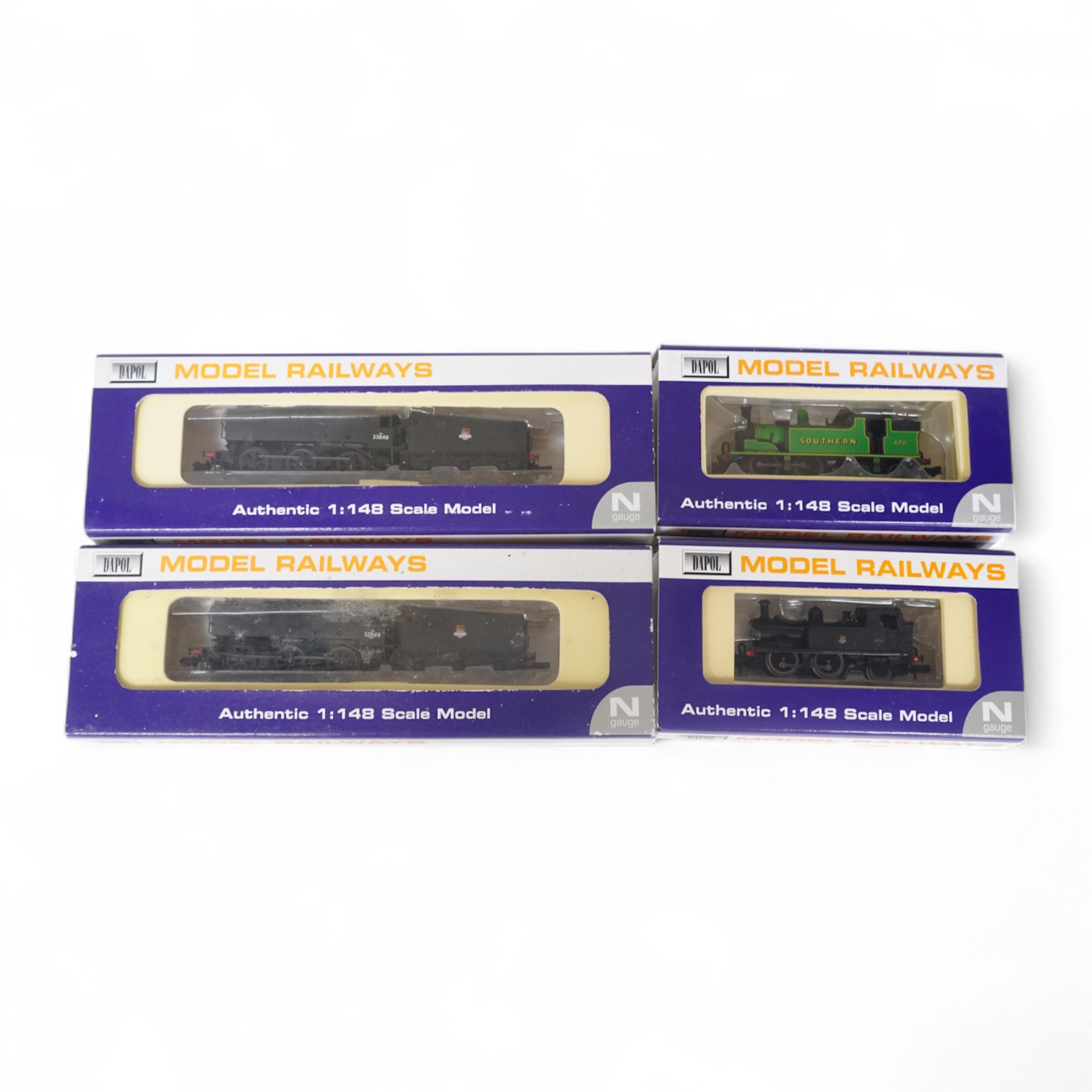 Four boxed Dapol N gauge railway locomotives; two BR Class Q1, both 33040 (ND-076B), one in associated box, a BR Class 14xx, 1458 (ND002) and an SR Class M7, 676 (ND-046). Condition - good.
